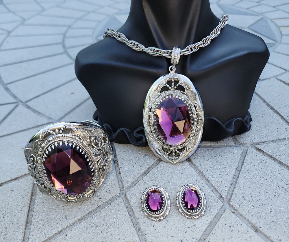 VTG Signed Whiting & Davis Victorian Revival Amethyst Glass 4pc Parure Set